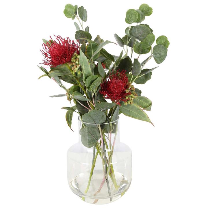 Dawn Artificial Pincushion Protea & Eucalyptus Arrangement in Glass